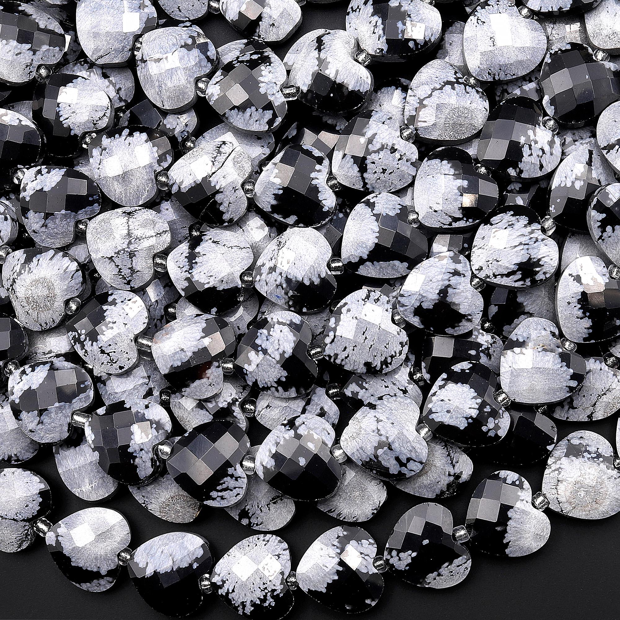 Natural Feather Snowflake Obsidian Faceted Heart Beads 12mm Gemstone 15.5" Strand