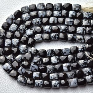 Natural Snowflake Obsidian Cube Beads 6.5mm To 7.5mm Faceted Cubes Briolettes Gemstone Beads Snowflake Obsidian Beads 8 Inches Strand No5746
