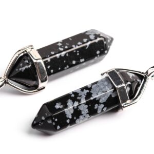 2 Pcs - 39x8MM Natural Snowflake Obsidian Beads Hexagonal Pointed Pendant Grade AAA Silver Plated Cap (102623) 2 Pcs - 39x8MM Natural Snowflake Obsidian Beads Hexagonal Pointed Pendant Grade AAA Silver Plated Cap (102623)