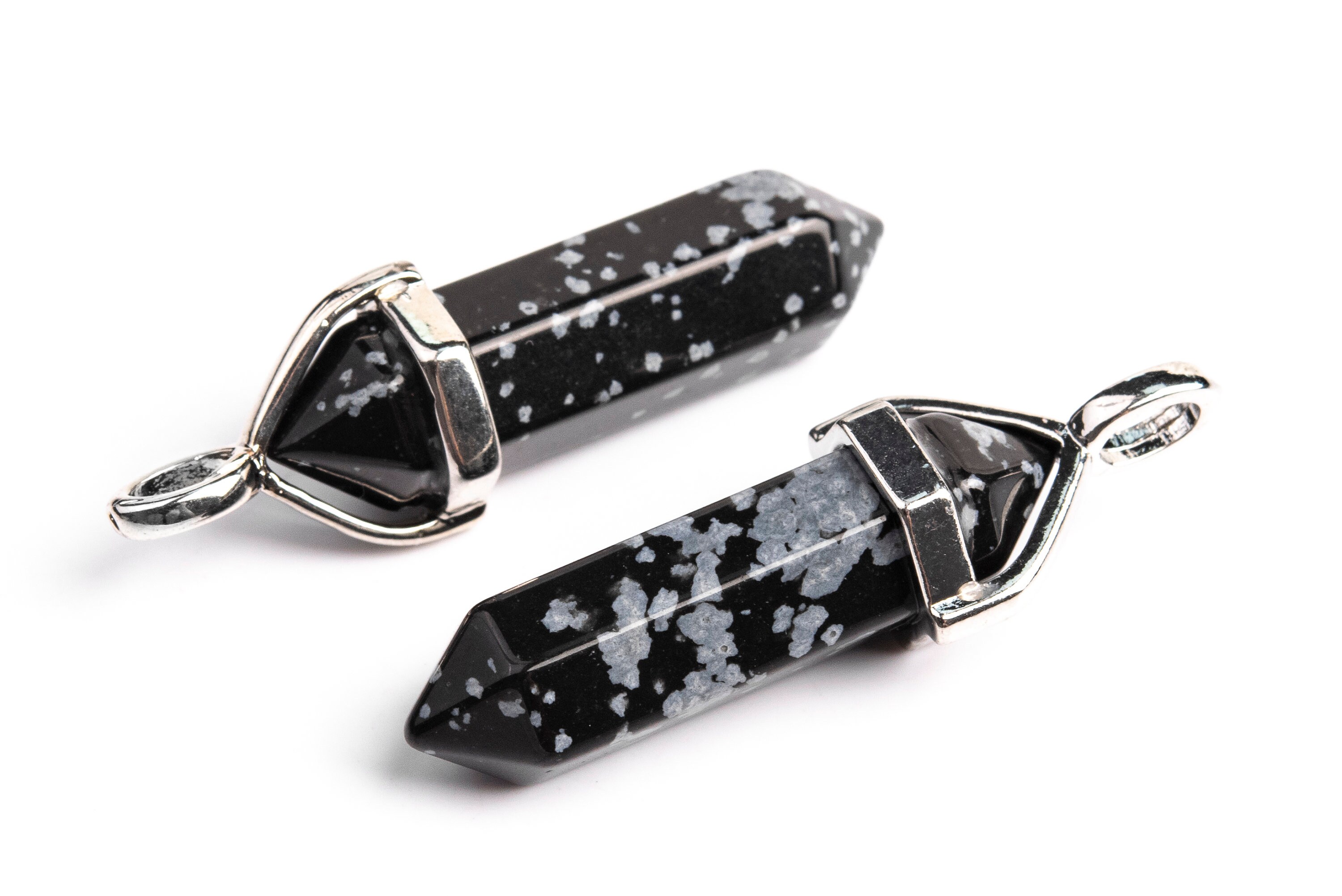 2 Pcs - 39x8mm Natural Snowflake Obsidian Beads Hexagonal Pointed Pendant Grade Aaa Silver Plated Cap (102623)