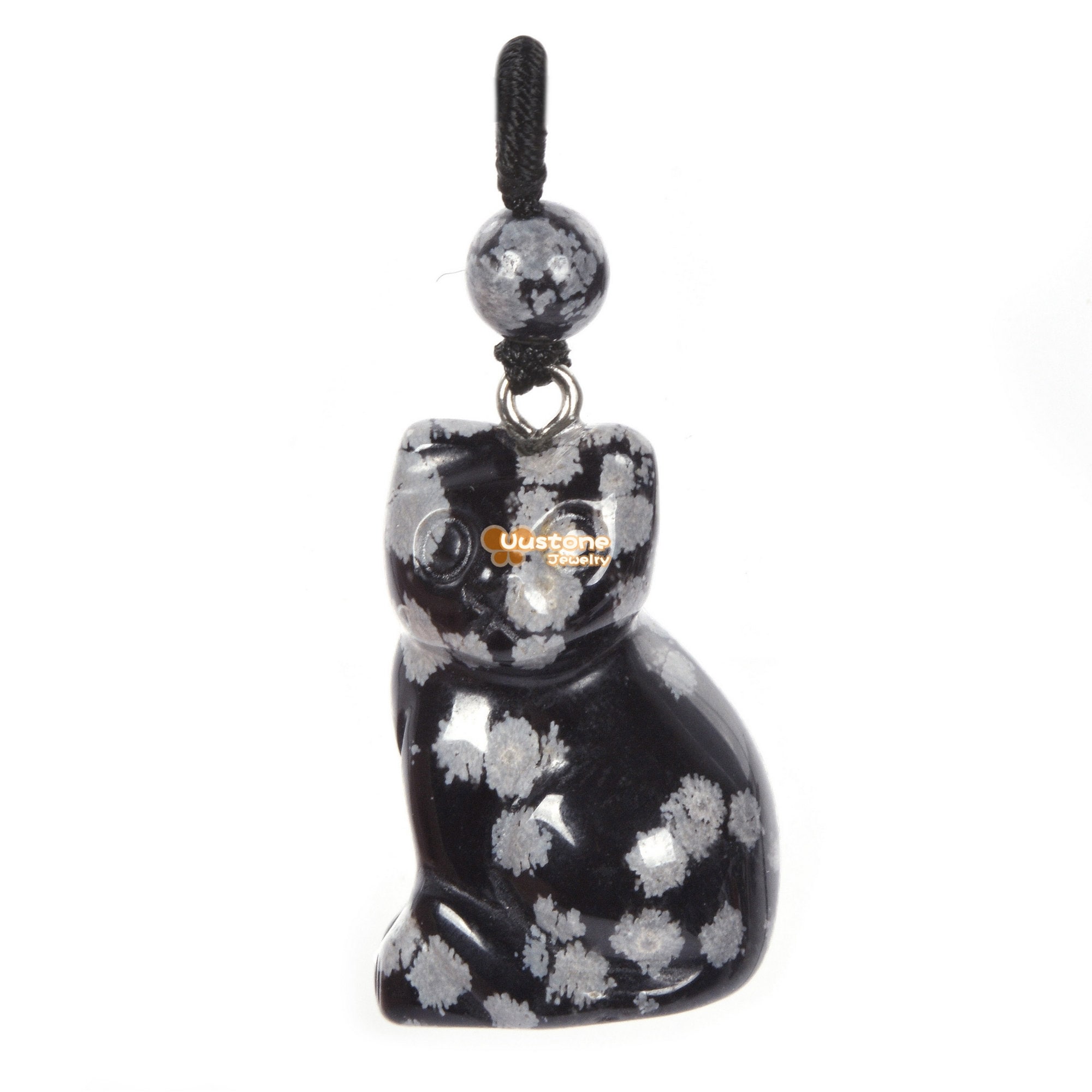 30mm Natural Snowflake Obsidian Carved Cat Cute Animal Pendant Bead Jewelry Making Diy Bead