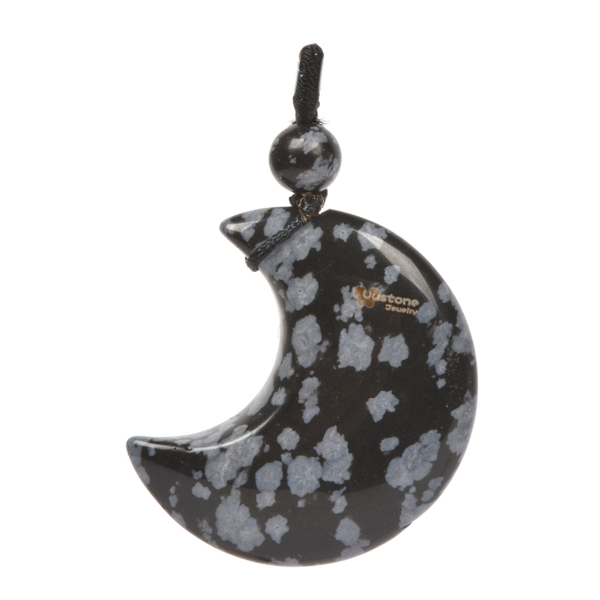 32mm Snowflake Obsidian  Carved Crescent Moon Pendant