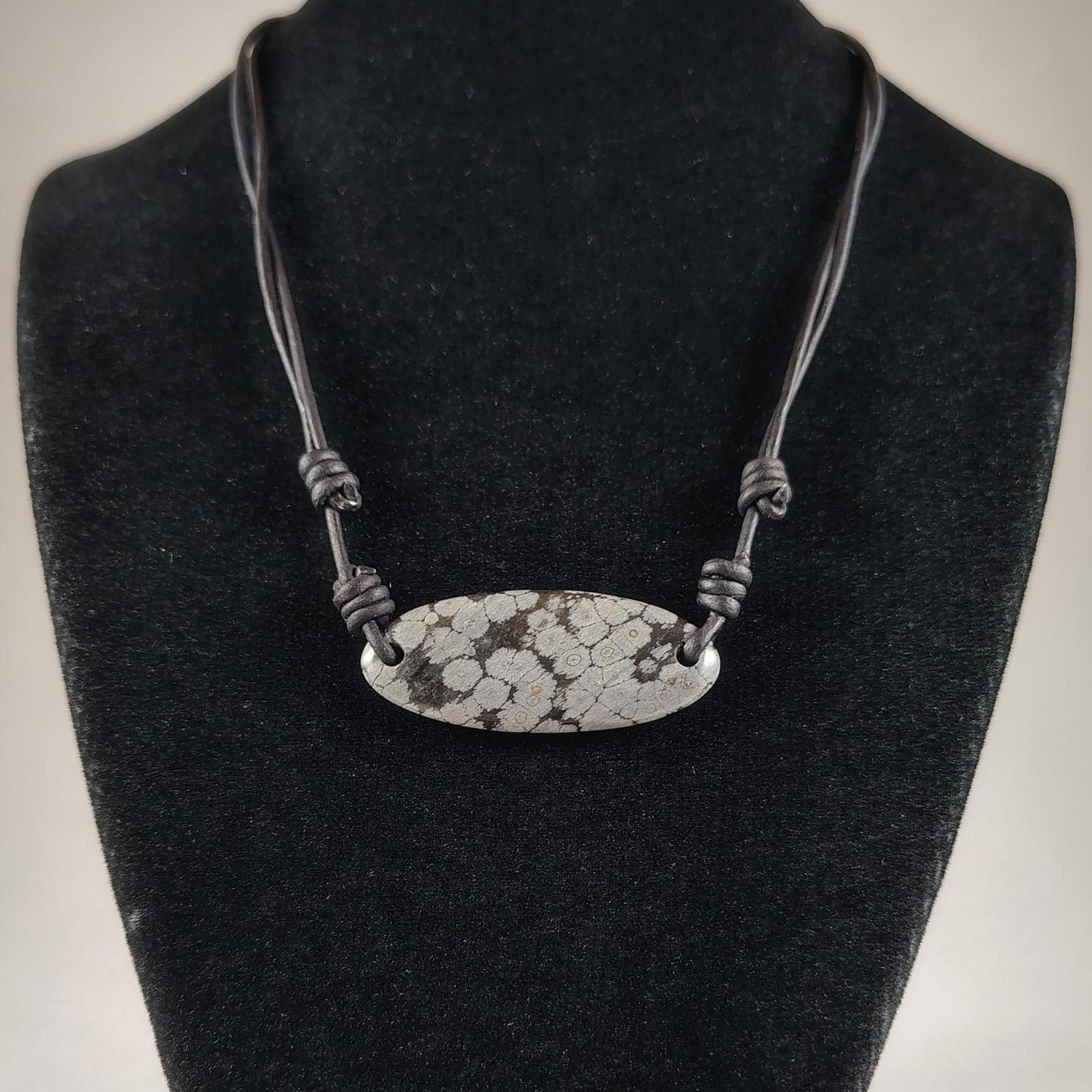 Snowflake Obsidian Pendant Adjustable Leather Necklace Handmade By Chris Hay
