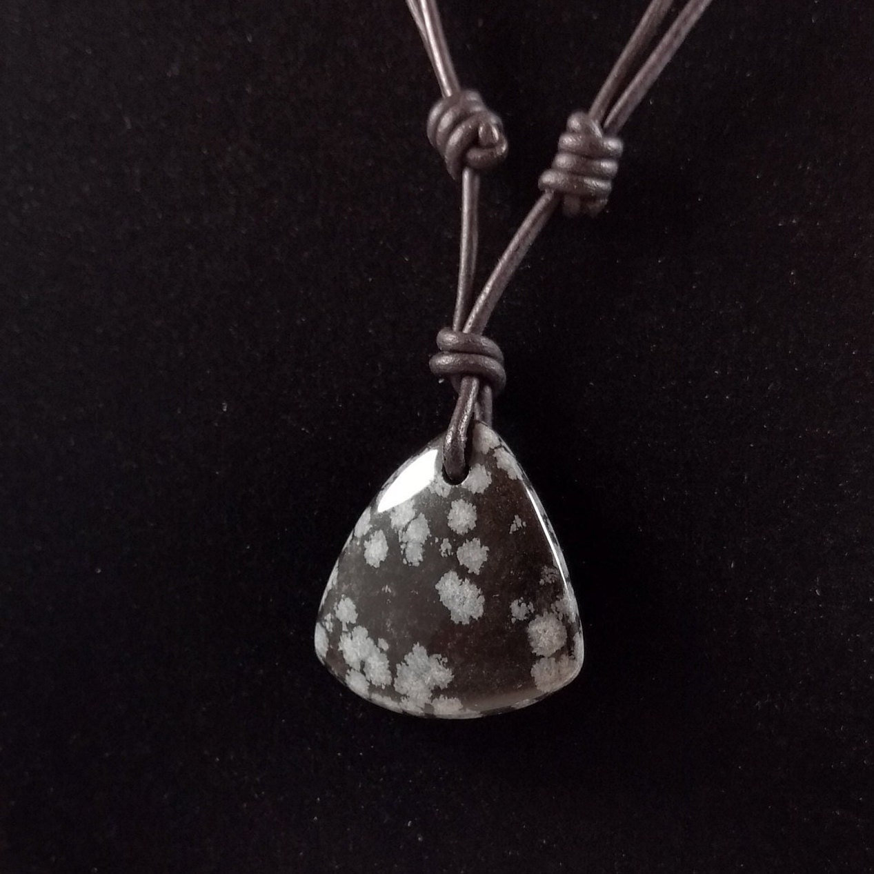 Snowflake Obsidian Pendant Adjustable Leather Necklace Handmade By Chris Hay
