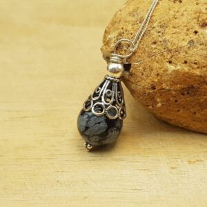 Snowflake Obsidian pendant. Bali silver bead cone necklace. Reiki jewelry uk. Virgo jewelry. 12mm stone