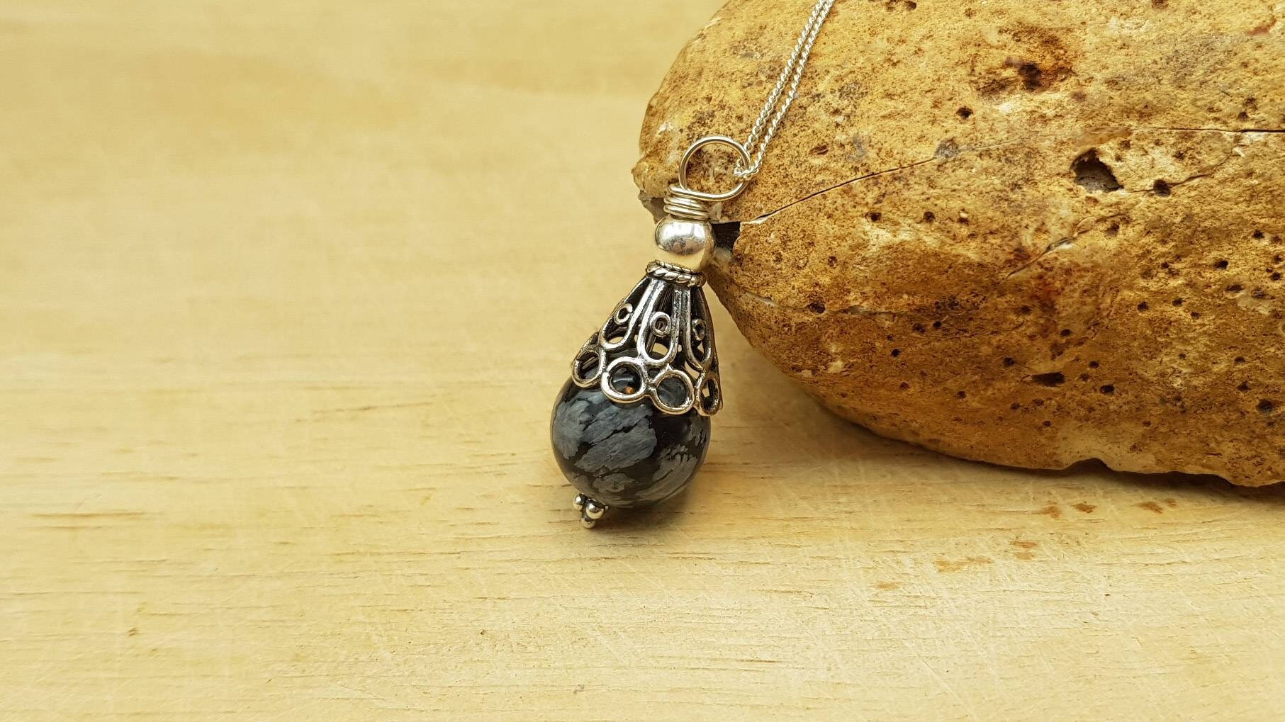 Snowflake Obsidian Pendant. Bali Silver Bead Cone Necklace. Reiki Jewelry Uk. Virgo Jewelry. 12mm Stone