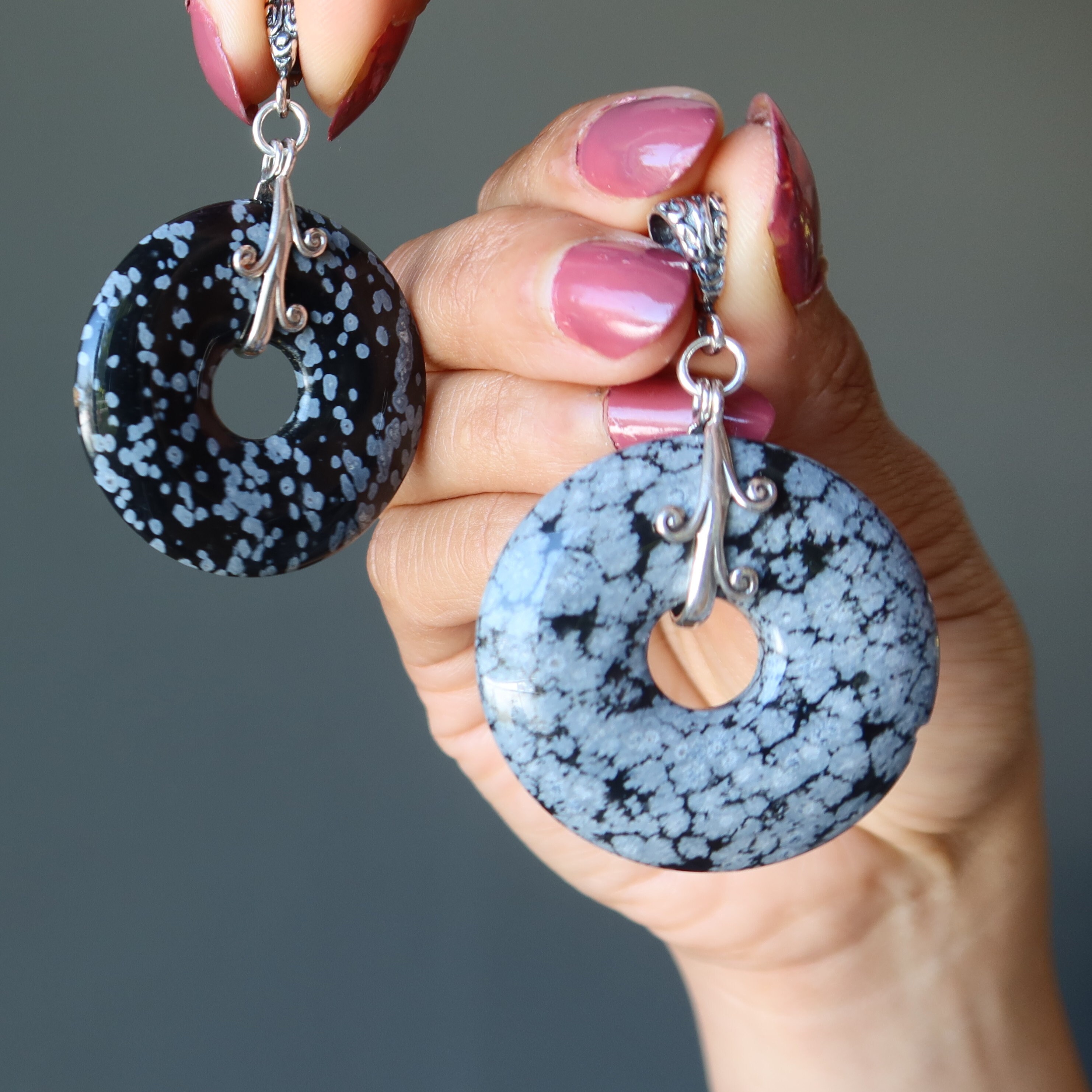 Snowflake Obsidian Pendant Donut Black Gray Stone Sterling Silver Charm