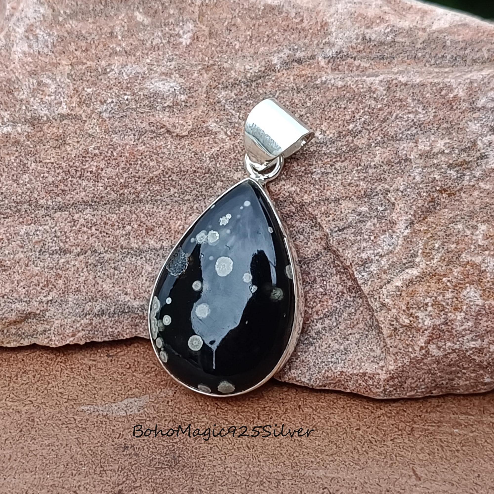 Handmade Snowflake Obsidian 925 Sterling Silver Pendant