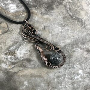 Handmade Snowflake Obsidian Bead Pendant: Copper Wire Wrapped Jewelry - Handmade in the USA          0099