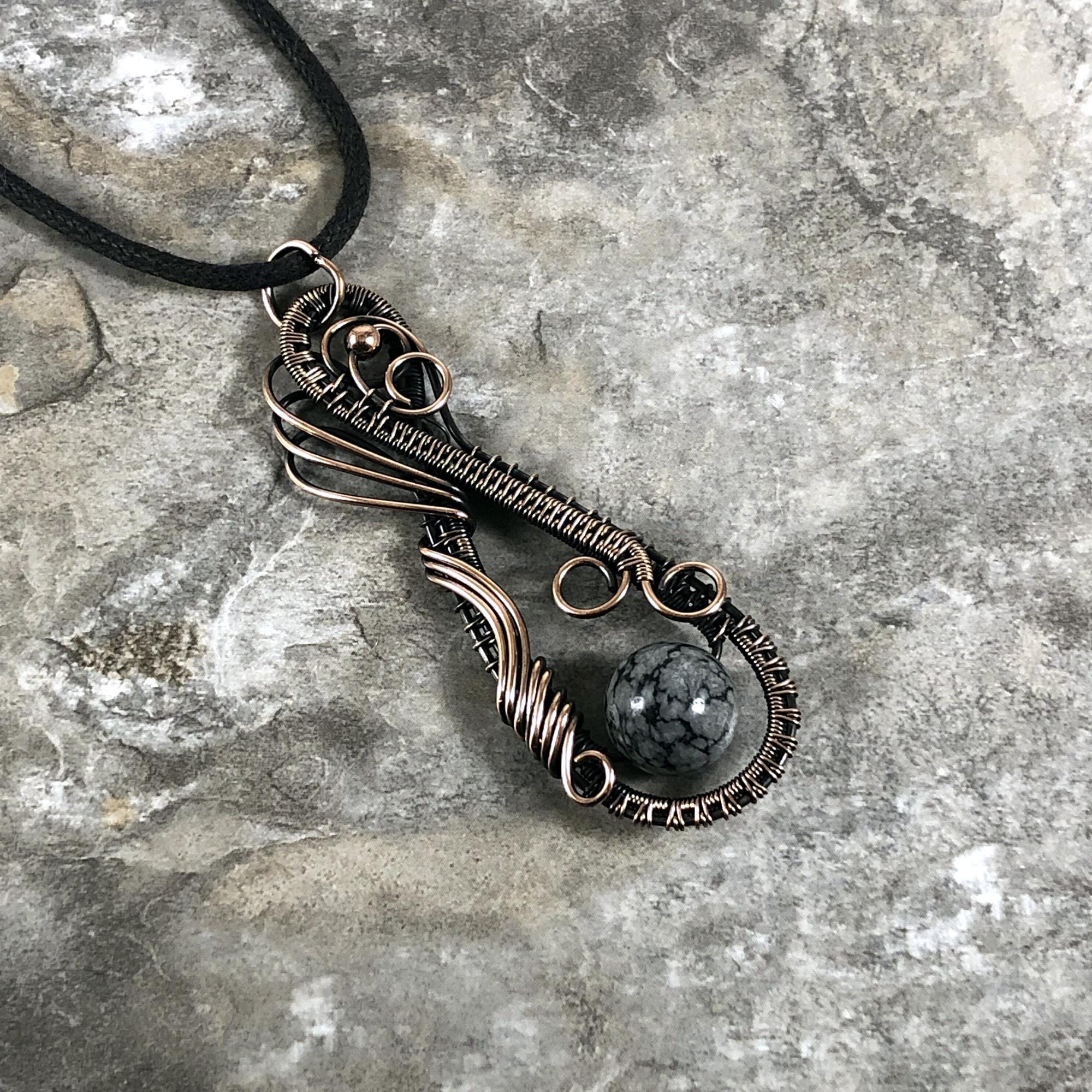 Handmade Snowflake Obsidian Bead Pendant: Copper Wire Wrapped Jewelry - Handmade In The Usa 0099