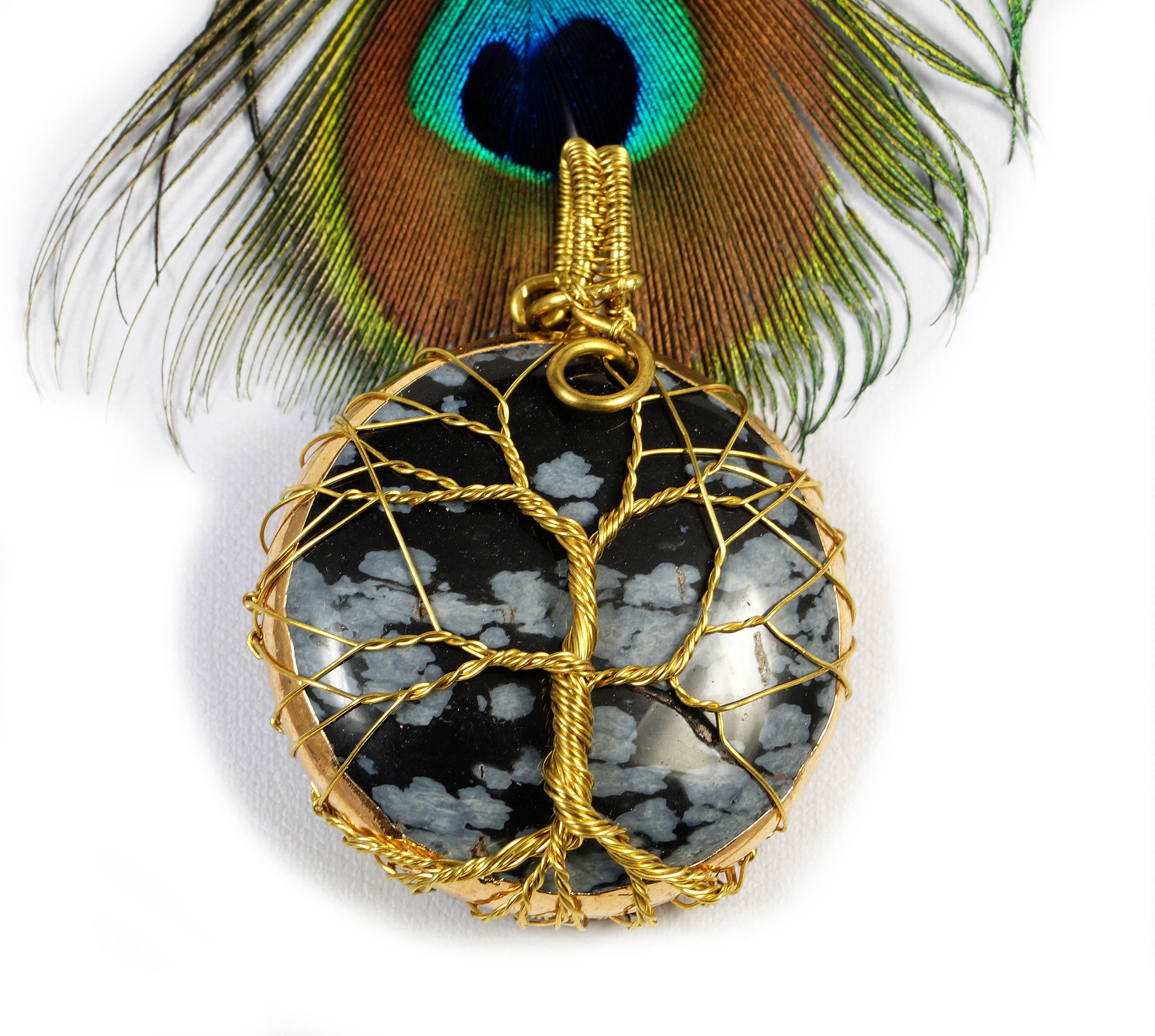 Handmade Brass Tree Of Life Snowflake Obsidian Pendant