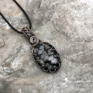 Handmade Snowflake Obsidian Pendant: Copper Wire Wrapped Jewelry - Made in the USA          0263