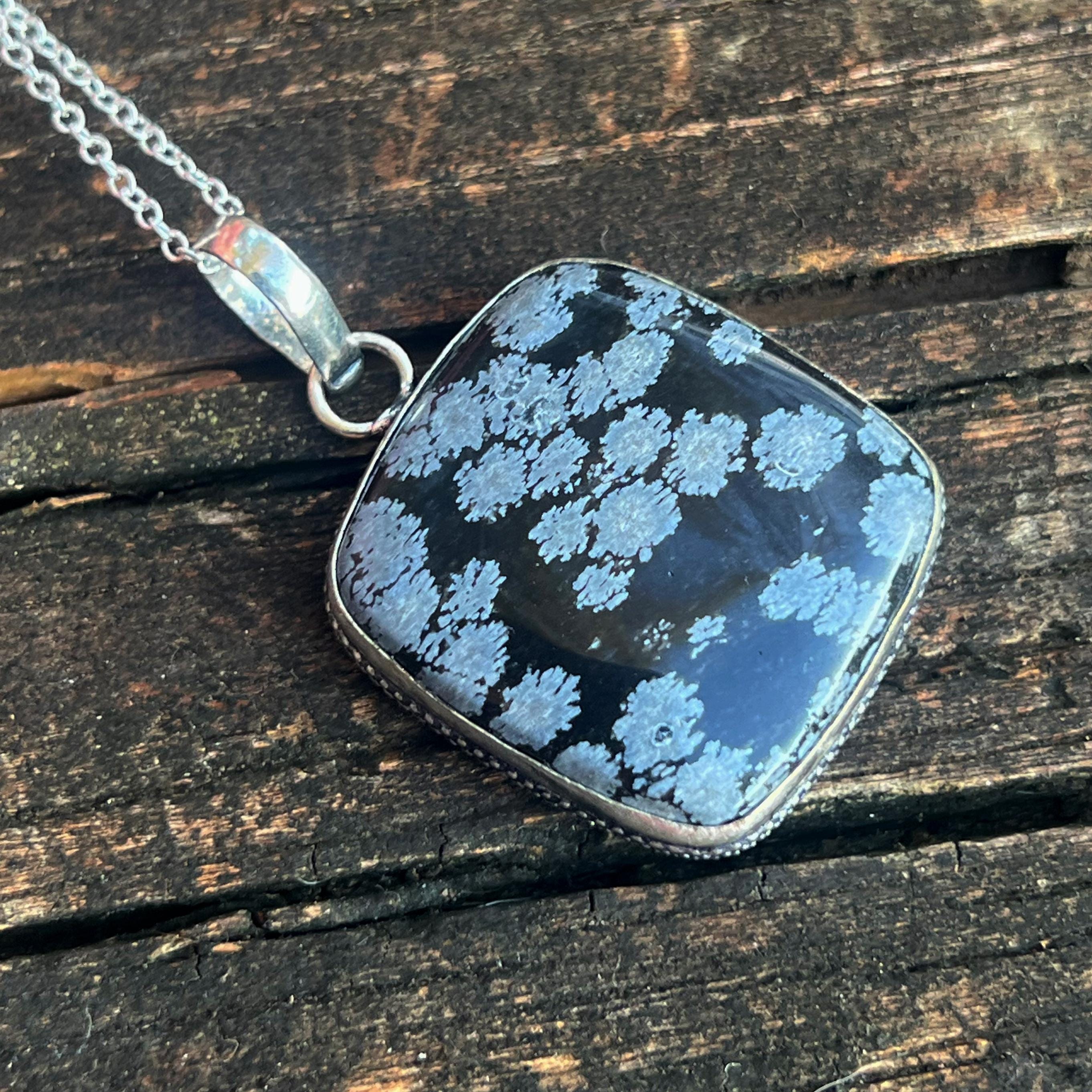 Handmade Snowflake Obsidian Pendant Necklace – Sterling Silver, Natural Stone
