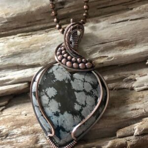 Snowflake Obsidian Heart And Copper Pendant Necklace