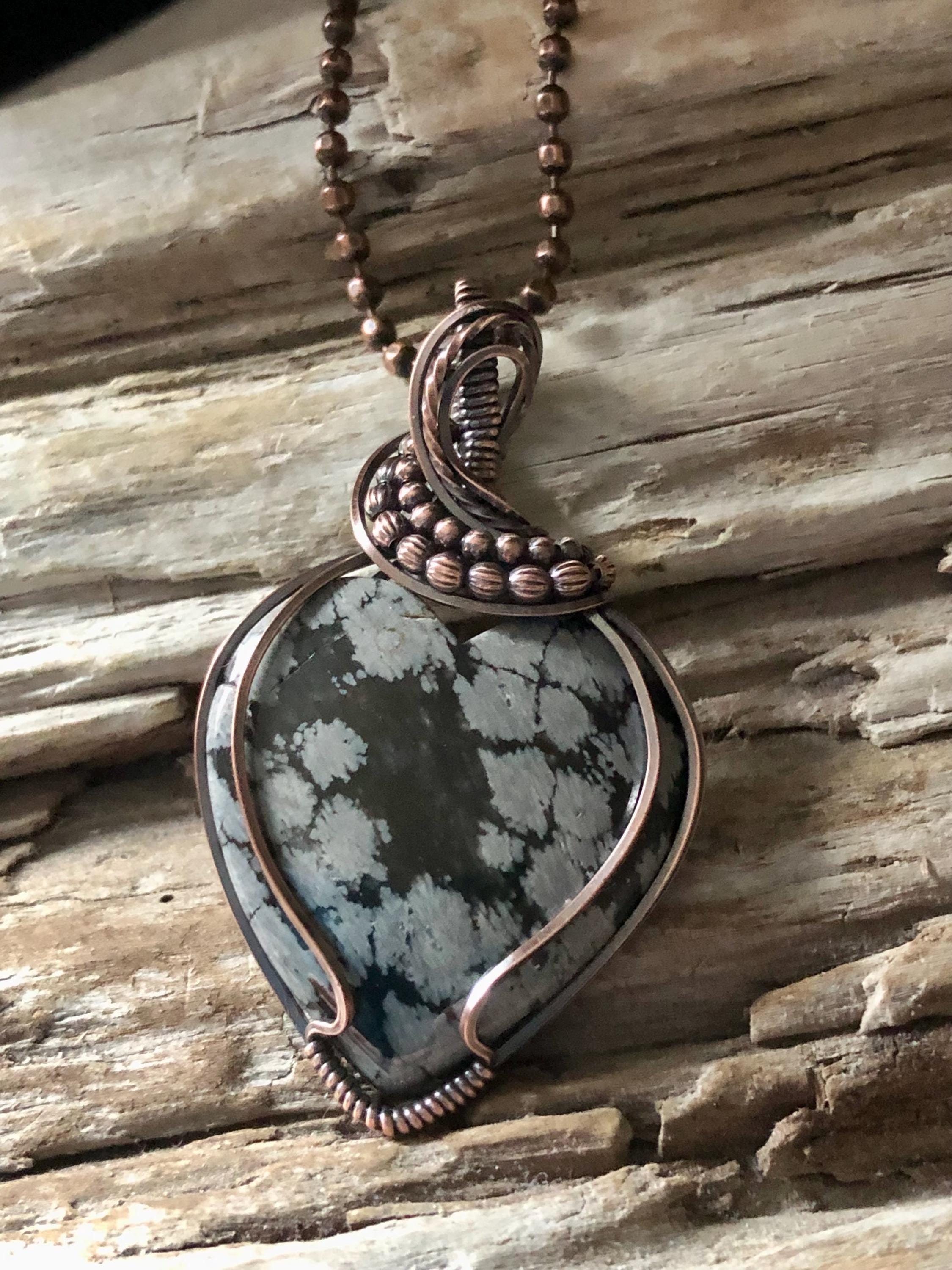 Snowflake Obsidian Heart And Copper Pendant Necklace