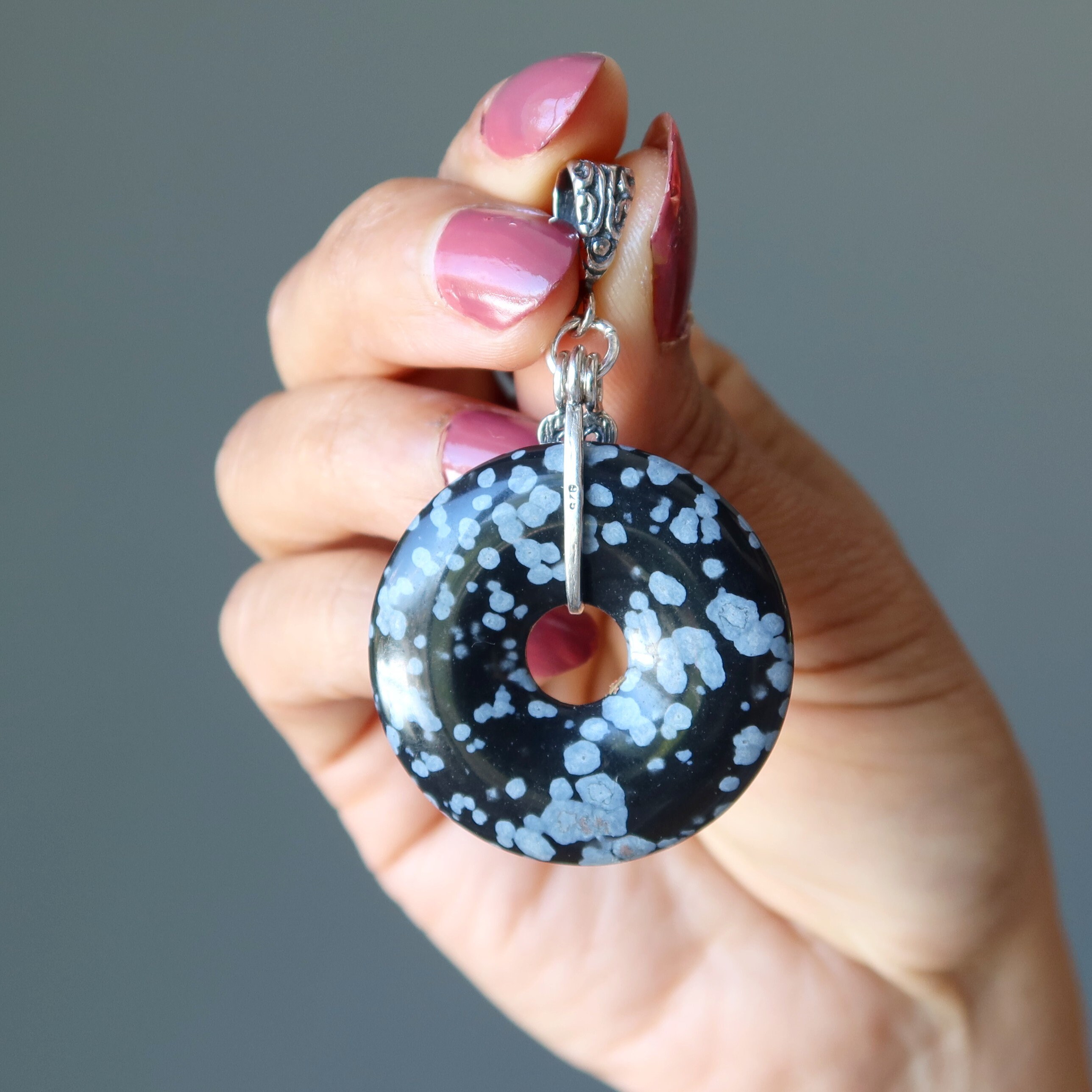 Snowflake Obsidian Pendant Infinite Loop Black Gray Crystal Sterling Hearts