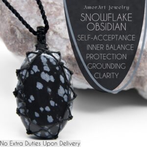 Snowflake Obsidian Jewelry for Men, Gift for Birthday, Black Necklace with Stone Pendant, Capricorn Crystal and Protection Amulet