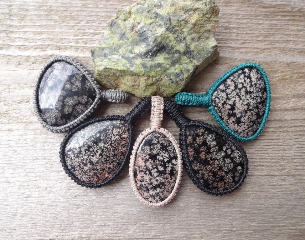 Snowflake Obsidian Macrame Necklace, Gemstone Pendants For Everyday, Men Jewelry Gift, Grounding Protection Stones Macrame Pendant Necklace