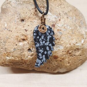 Mens Snowflake Obsidian angel wing necklace. Reiki jewelry uk. Unisex Silver plated Wire wrapped pendant. 30x15mm. Empowered crystals