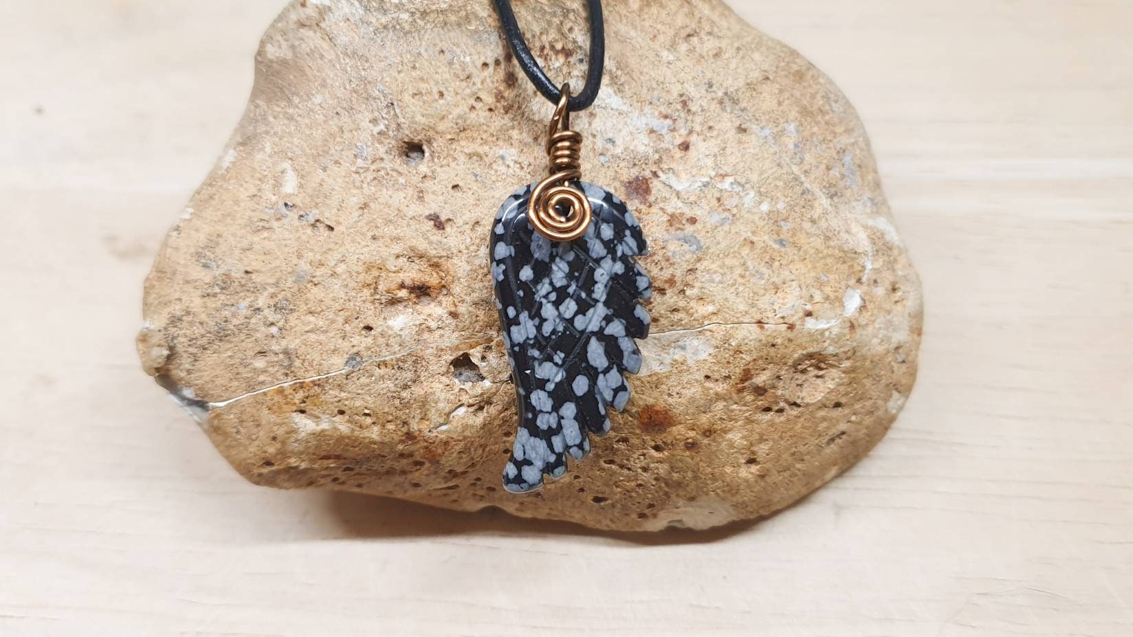 Snowflake Obsidian Angel Wing Necklace, Dark Wire Wrap Pendant
