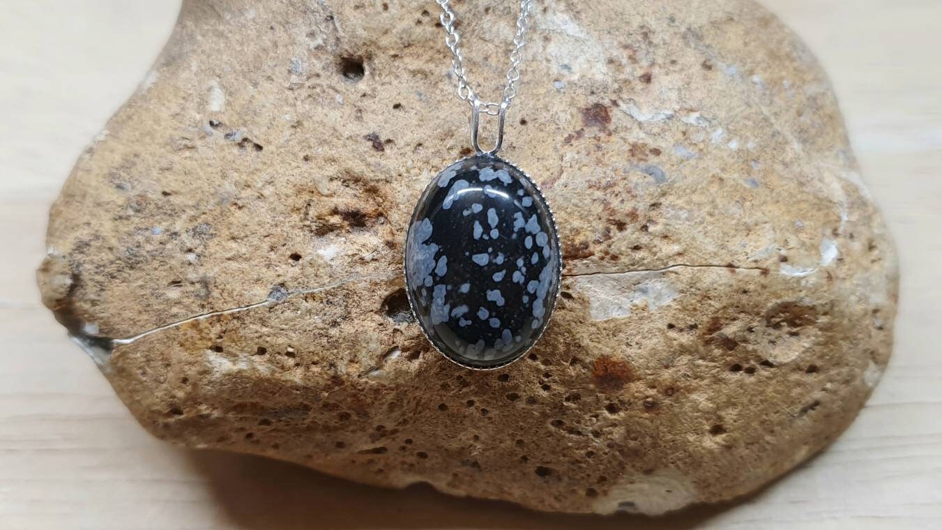 Natural Snowflake Obsidian Necklace In 925 Sterling Silver. Minimalist Monochrome Stone Pendant. Unique Virgo Birthday Gift For Her