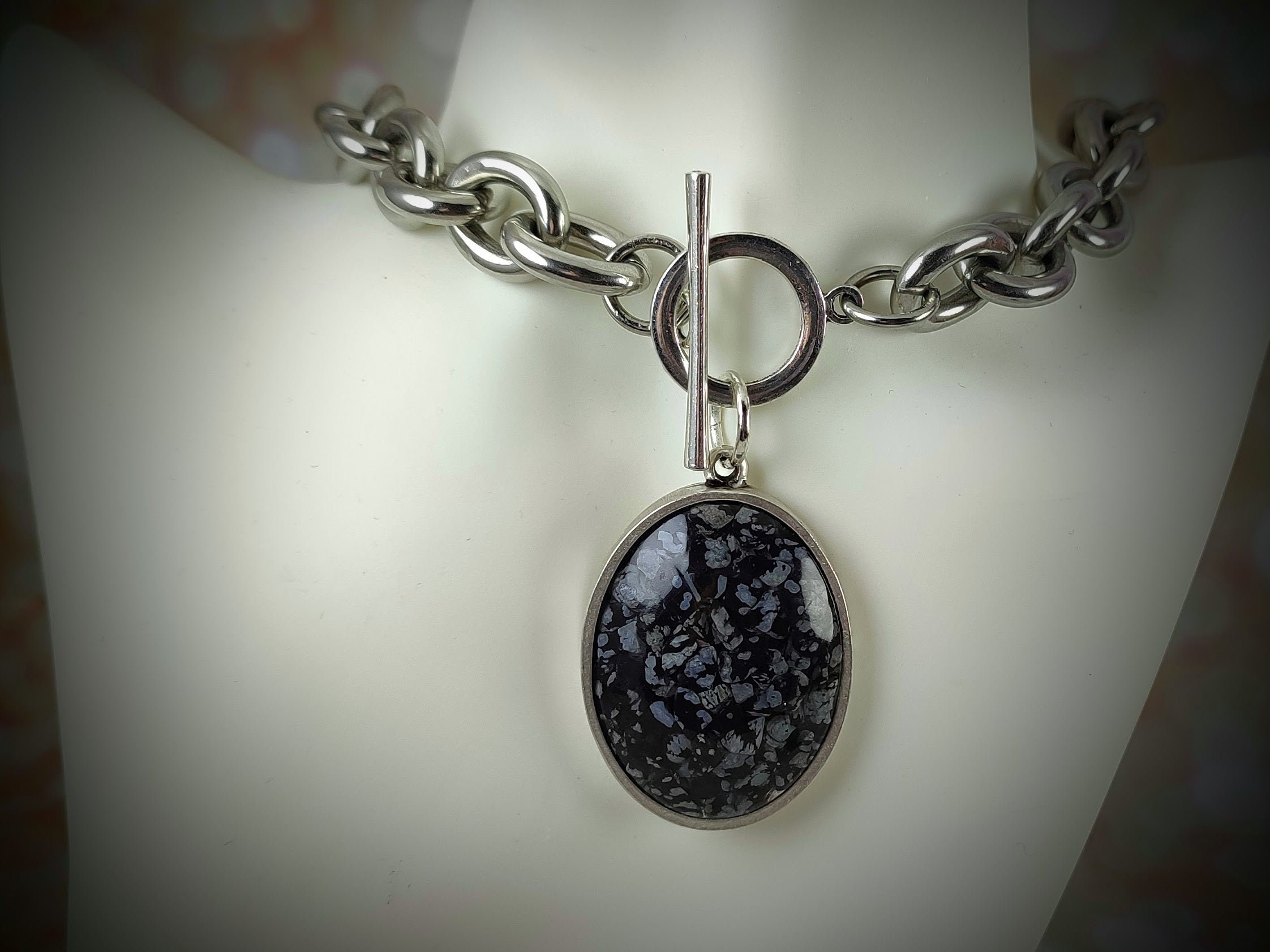 Snowflake Obsidian Pendant Necklace: Chunky Silver Chain Statement Choker Snowflake Obsidian Pendant Necklace: Chunky Silver Chain Statement Choker