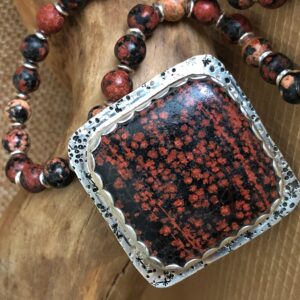 Pink Snowflake Obsidian Pendant Necklace: Sterling Silver, Gemstone Bead