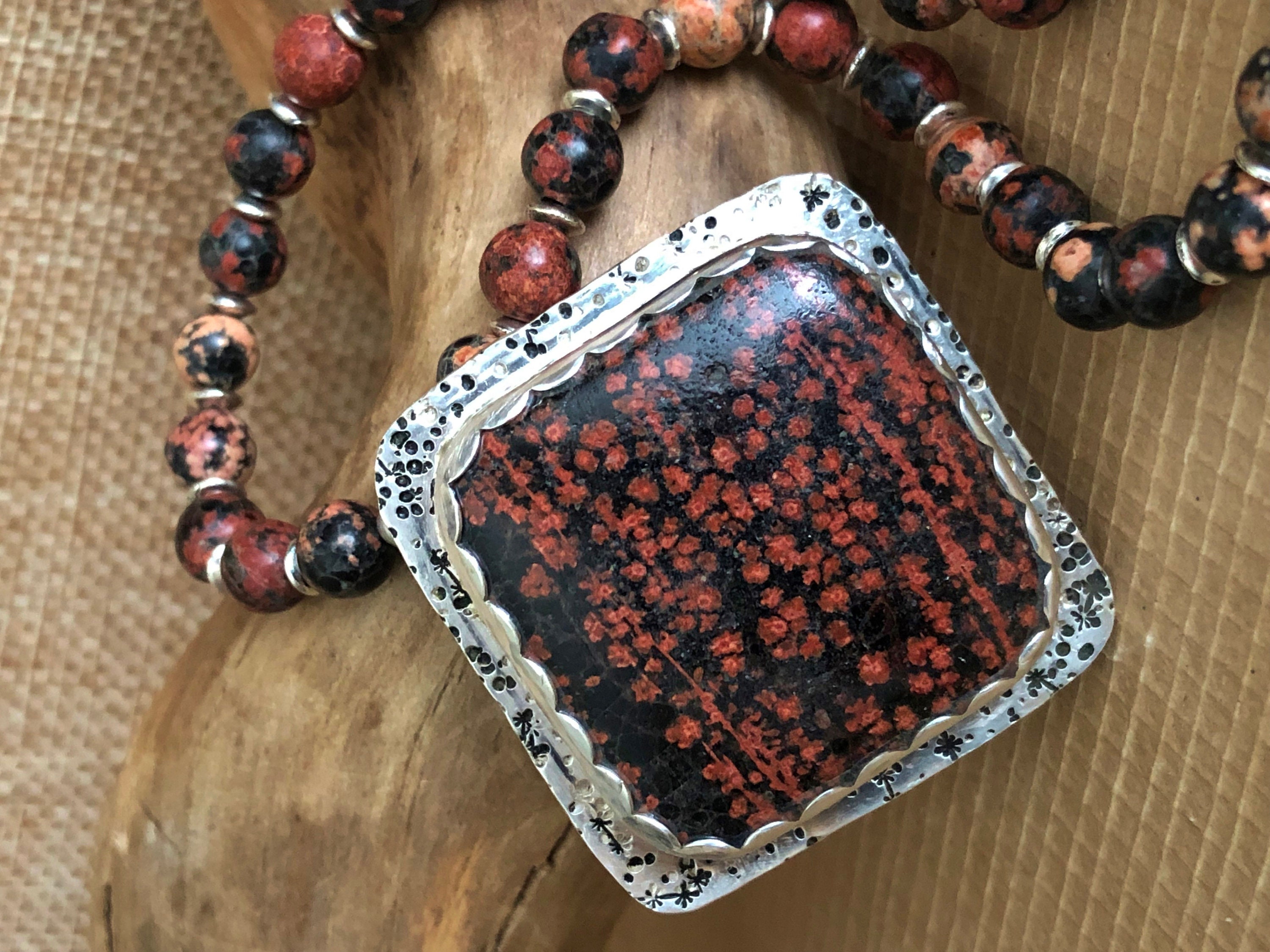 Pink Snowflake Obsidian Pendant Necklace: Sterling Silver, Gemstone Bead