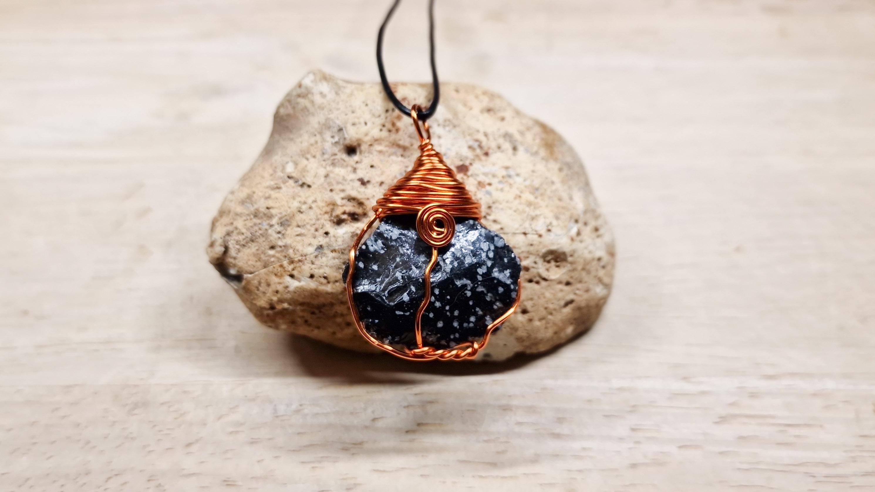 Snowflake Obsidian Pendant. Raw Crystal Necklace. Reiki Jewelry Uk. Virgo Jewelry. Copper Wire Wrapped Pendant
