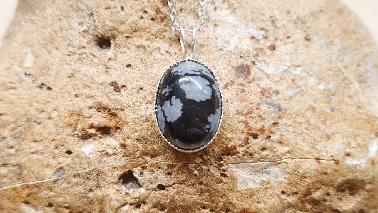 Small Snowflake Obsidian Necklace. 925 Sterling Silver Pendant. Reiki Jewelry Uk. Virgo Jewelry. 14x10mm