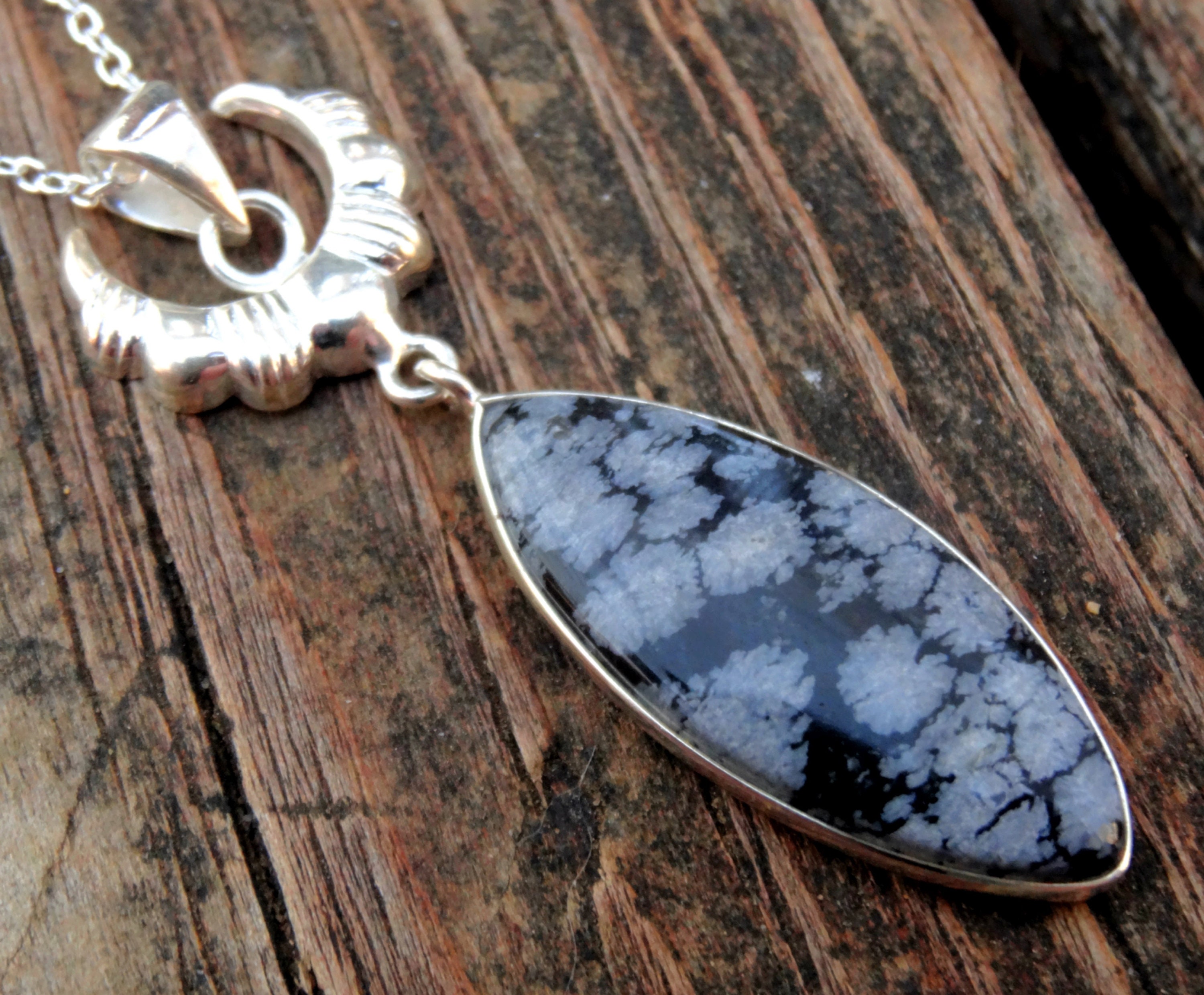Sterling Silver Snowflake Obsidian Necklace: Crescent Moon Pendant