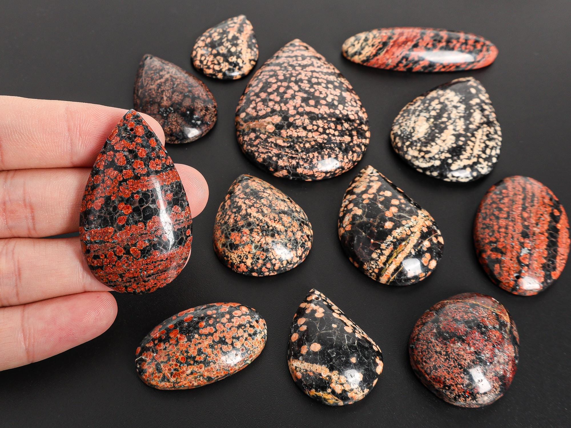 Unique Pink/red Snowflake Obsidian Teardrop Pendant Natural One Of A Kind Pattern Gemstone Gift
