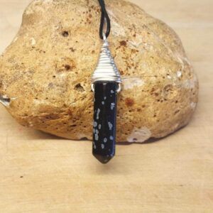 Unisex Snowflake Obsidian point pendant. Virgo jewelry. Silver plated Wire wrapped pendant.