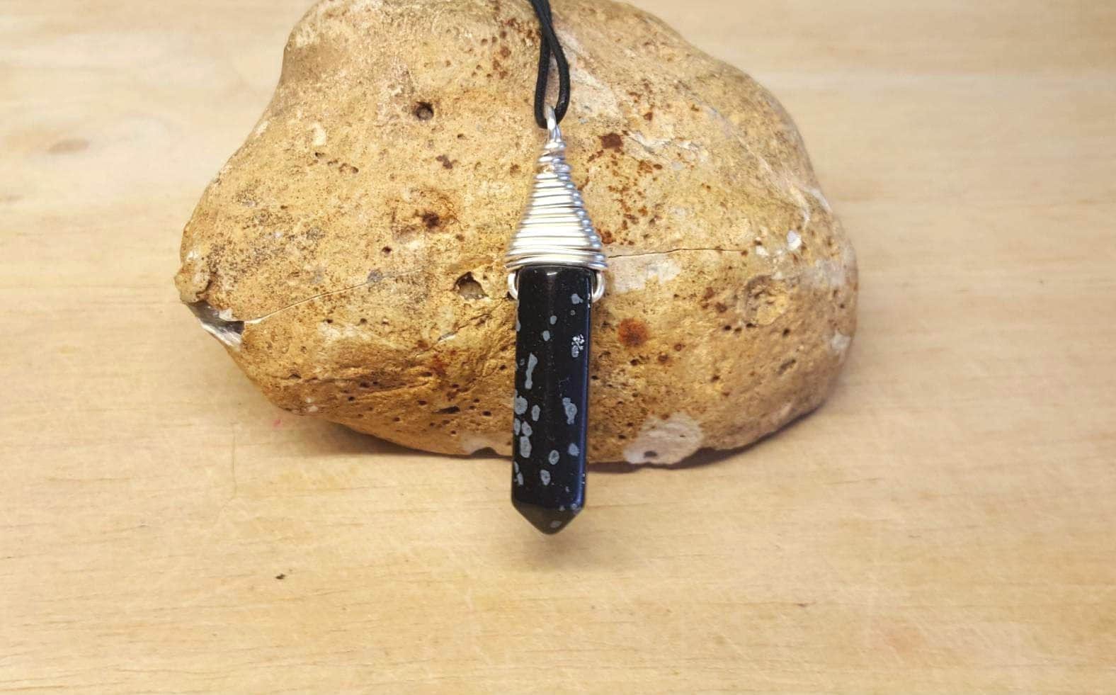 Unisex Snowflake Obsidian Point Pendant. Virgo Jewelry. Silver Plated Wire Wrapped Pendant.