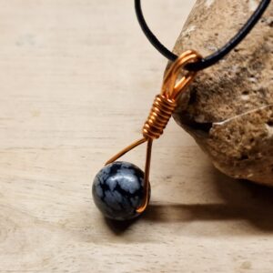 Unisex snowflake Obsidian pendant. Reiki jewelry uk. Copper Wire wrapped pendant