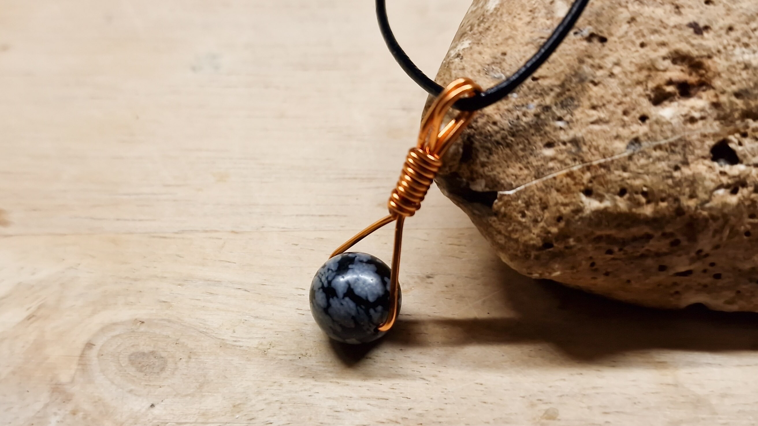 Unisex Snowflake Obsidian Pendant. Reiki Jewelry Uk. Copper Wire Wrapped Pendant