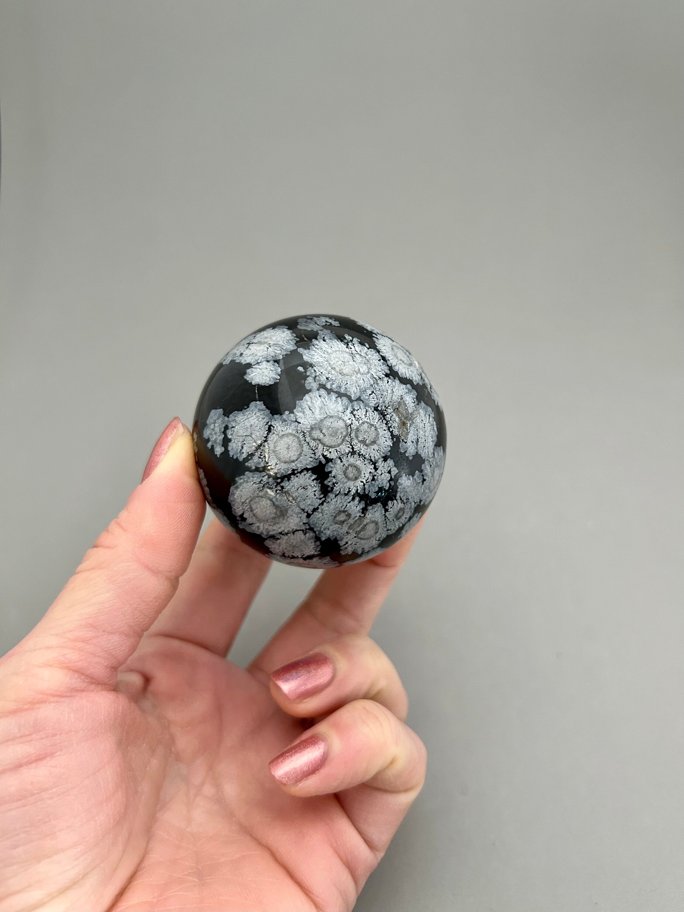 Snowflake Obsidian Crystal Sphere For Shadow Work, Spiritual Growth, Root Chakra, Grounding, Self Empowerment, Metaphysical Crystal Point