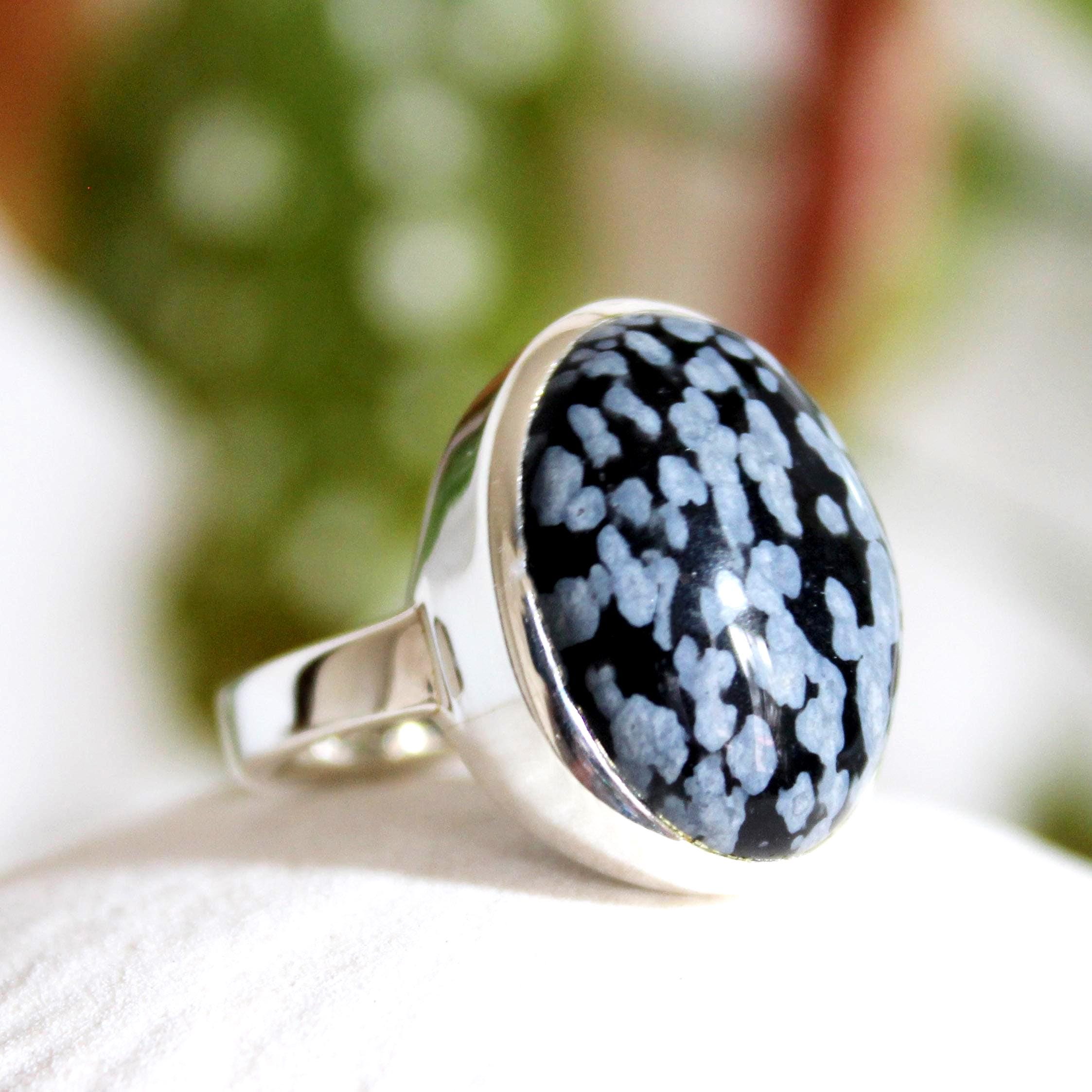 Snowflake Obsidian Ring: 925 Sterling Silver Unisex Stone Ring