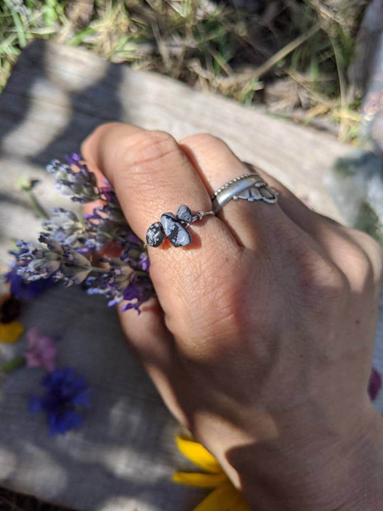 Snowflake Obsidian Crystal Ring, Made To Order, Bronze And Sterling Silver Dainty Natural Crystal Ring