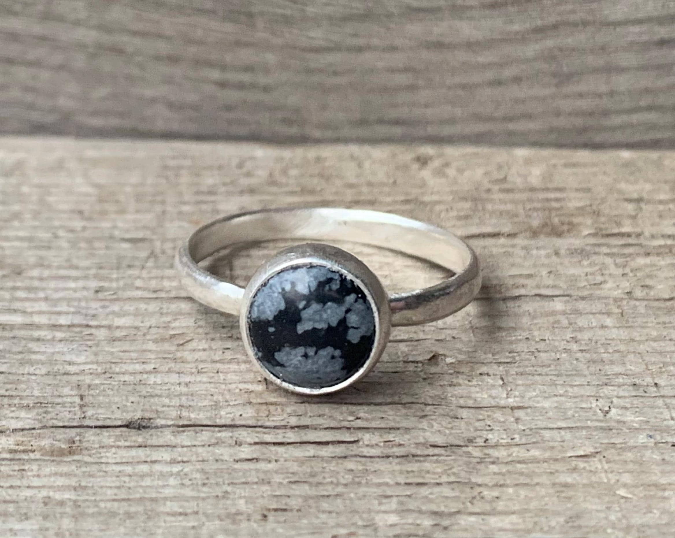 Elegant 8mm Round Black And White Snowflake Obsidian Sterling Silver Ring | Black White Stone Ring | Made To Order | Solitaire Ring