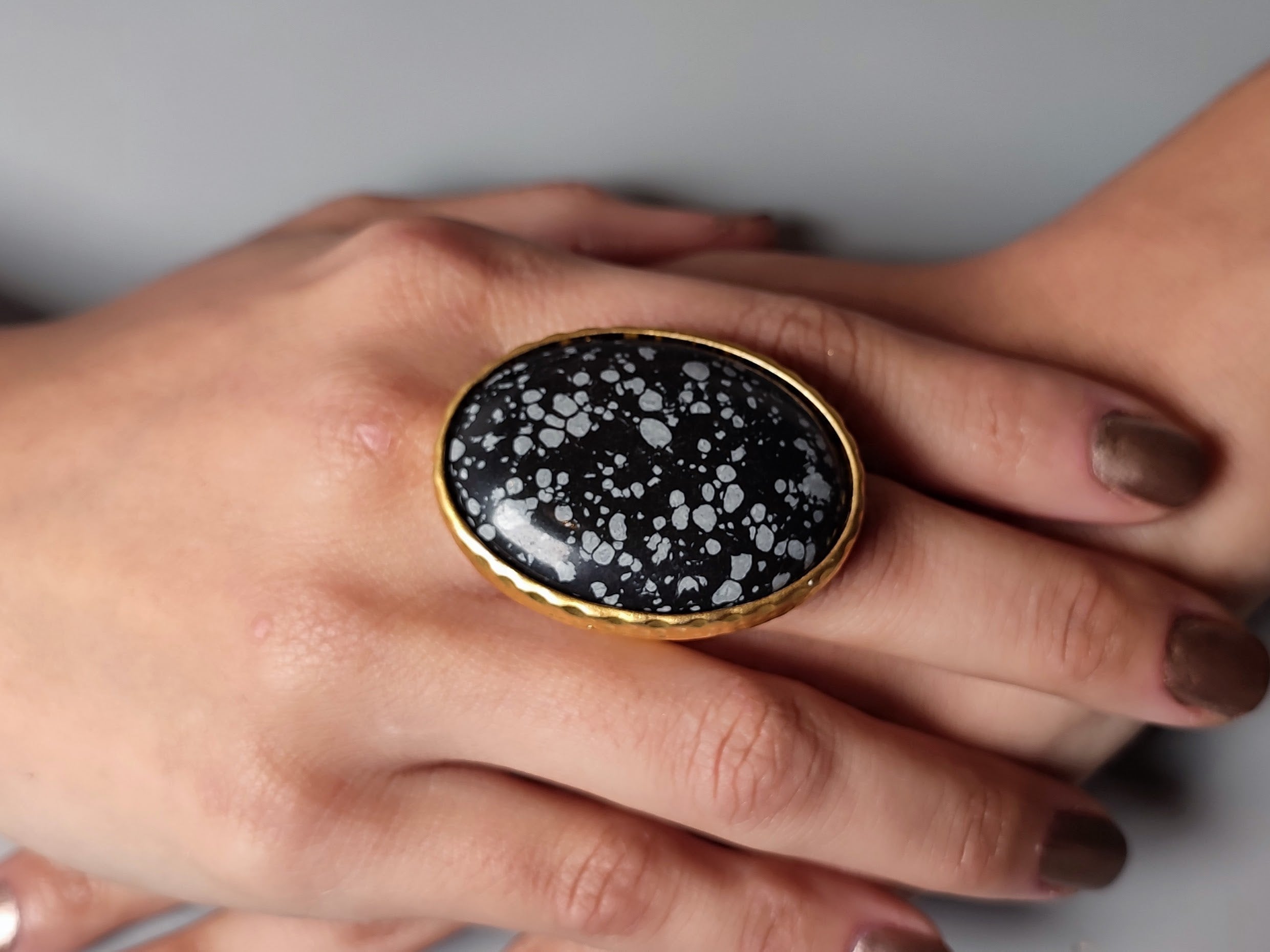 Snowflake Obsidian Gold Statement Ring: Adjustable Costume Jewelry