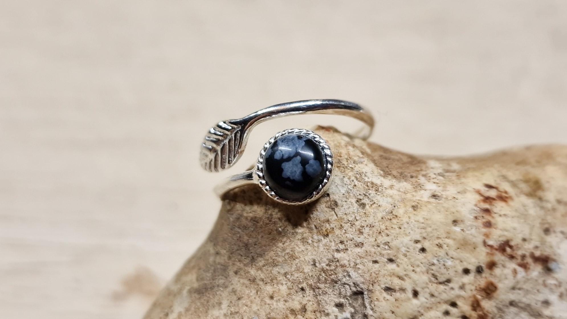 Snowflake Obsidian Leaf Ring. Size N 925 Sterling Silver Rings For Women. Reiki Jewelry Uk. Virgo Jewelry. 6mm Stone