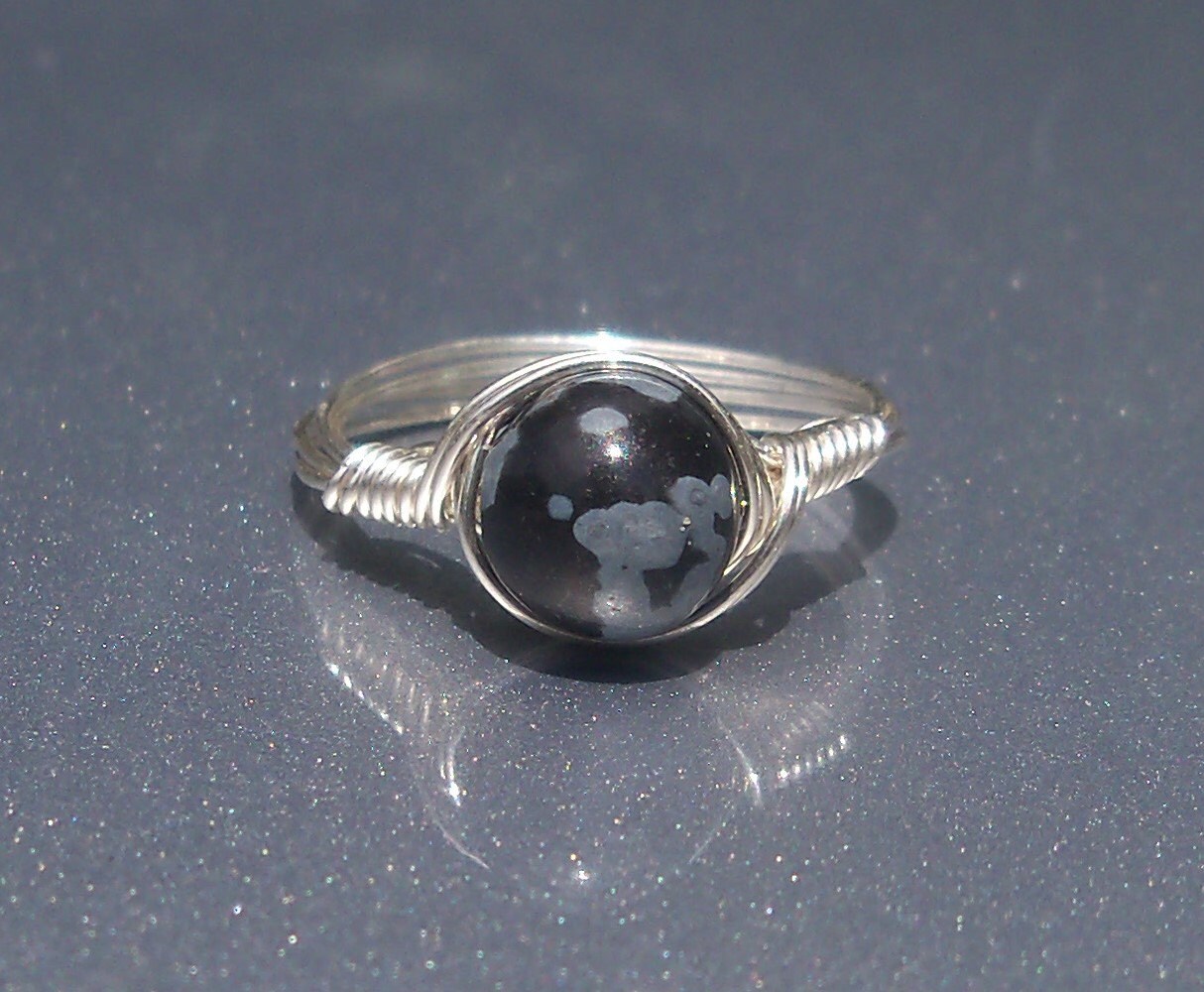 Lg Snowflake Obsidian Stone .999 Fine Silver Wire Wrapped Custom Sized Ring Lg Snowflake Obsidian Stone .999 Fine Silver Wire Wrapped Custom Sized Ring