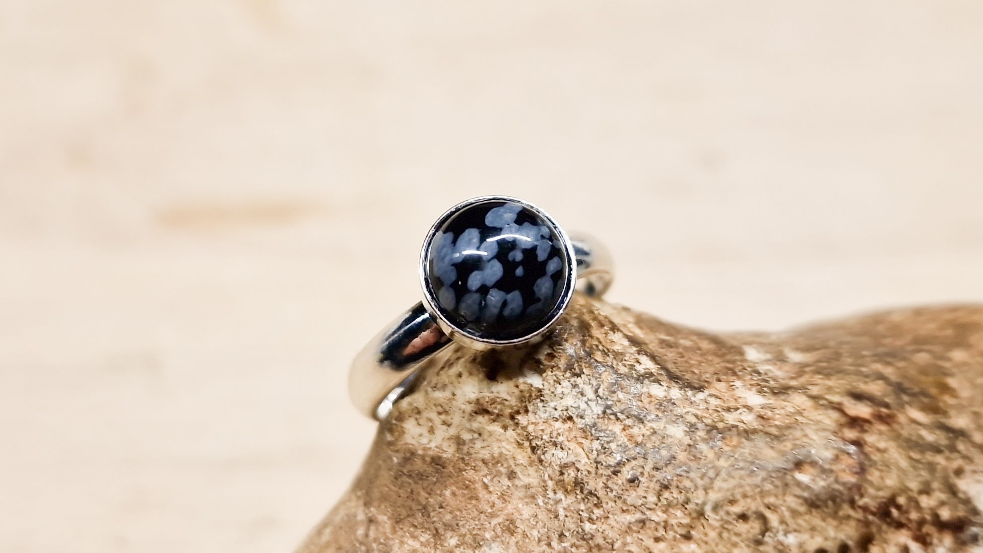 Snowflake Obsidian Ring. Minimalist 925 Sterling Silver Adjustable Rings For Women. Reiki Jewelry Uk. Black Semi Precious Stone 8mm.
