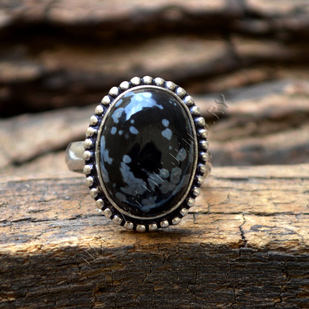Snowflake Obsidian Ring: Oval Gemstone, 925 Sterling Silver, Handmade
