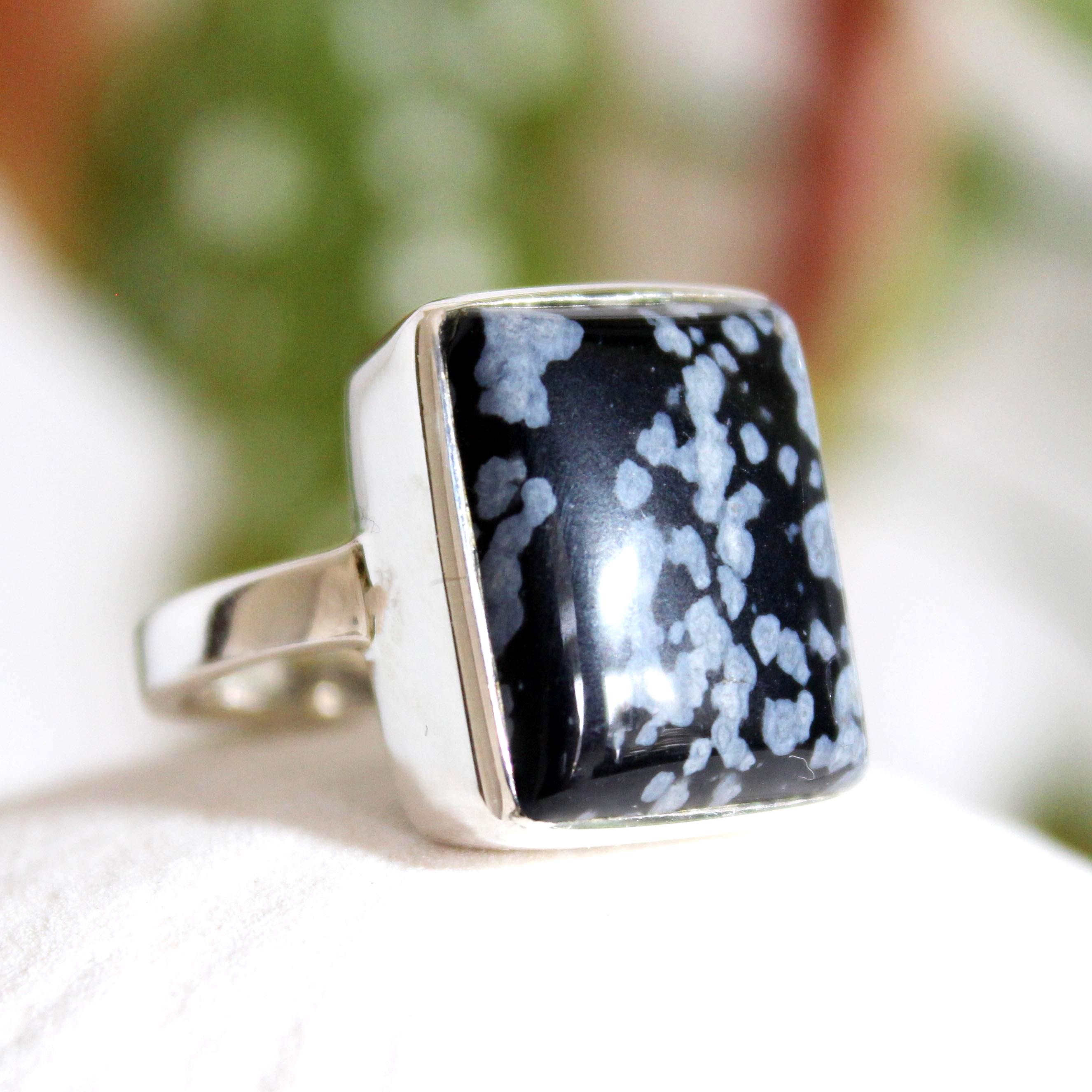 Snowflake Obsidian Ring: Rectangular 925 Sterling Silver Unisex Ring, Size 9-9.5 Snowflake Obsidian Ring: Rectangular 925 Sterling Silver Unisex Ring, Size 9-9.5