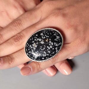 Snowflake Obsidian Statement Ring: Antique Silver Adjustable Band Snowflake Obsidian Statement Ring: Antique Silver Adjustable Band