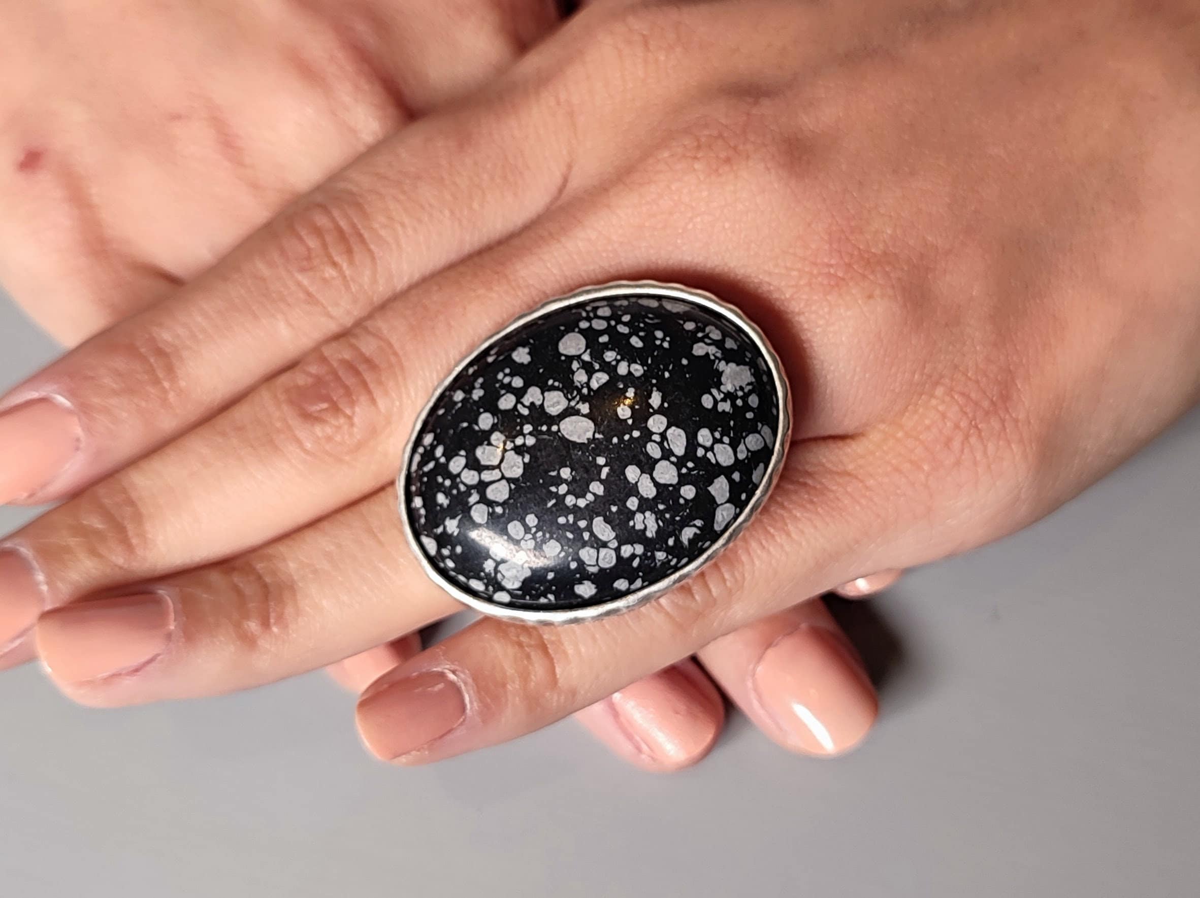 Snowflake Obsidian Statement Ring: Antique Silver Adjustable Band
