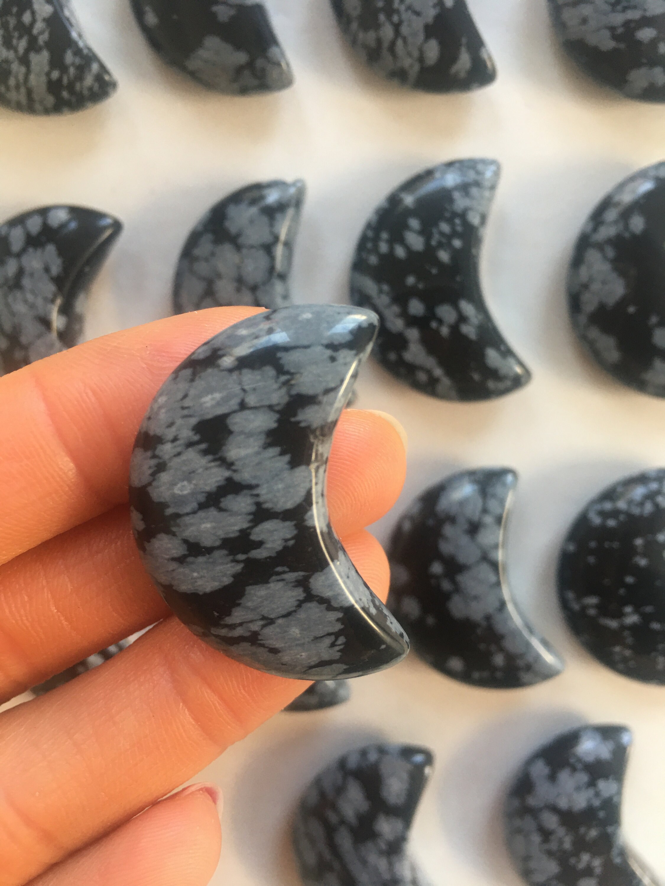Snowflake Obsidian Crystal Moon, Natural Crystal Carving