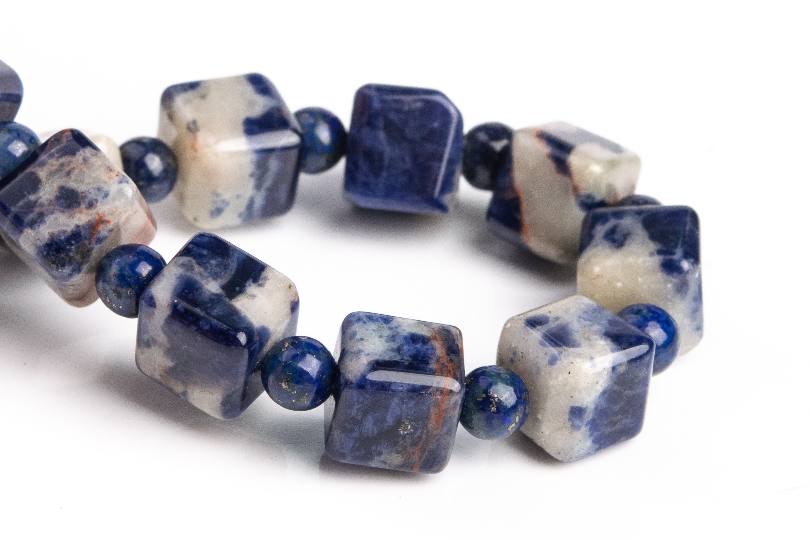 8-9mm Sodalite Beads Blue Bracelet Grade A Genuine Natural Beveled Edge Faceted Cube Gemstone 7" (119361h-2617)